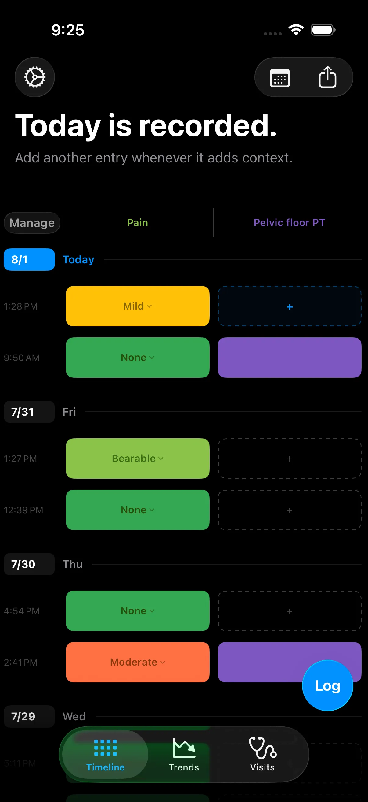 Flare's timeline screen — 'Today is recorded.' — with color-coded severity entries for each day