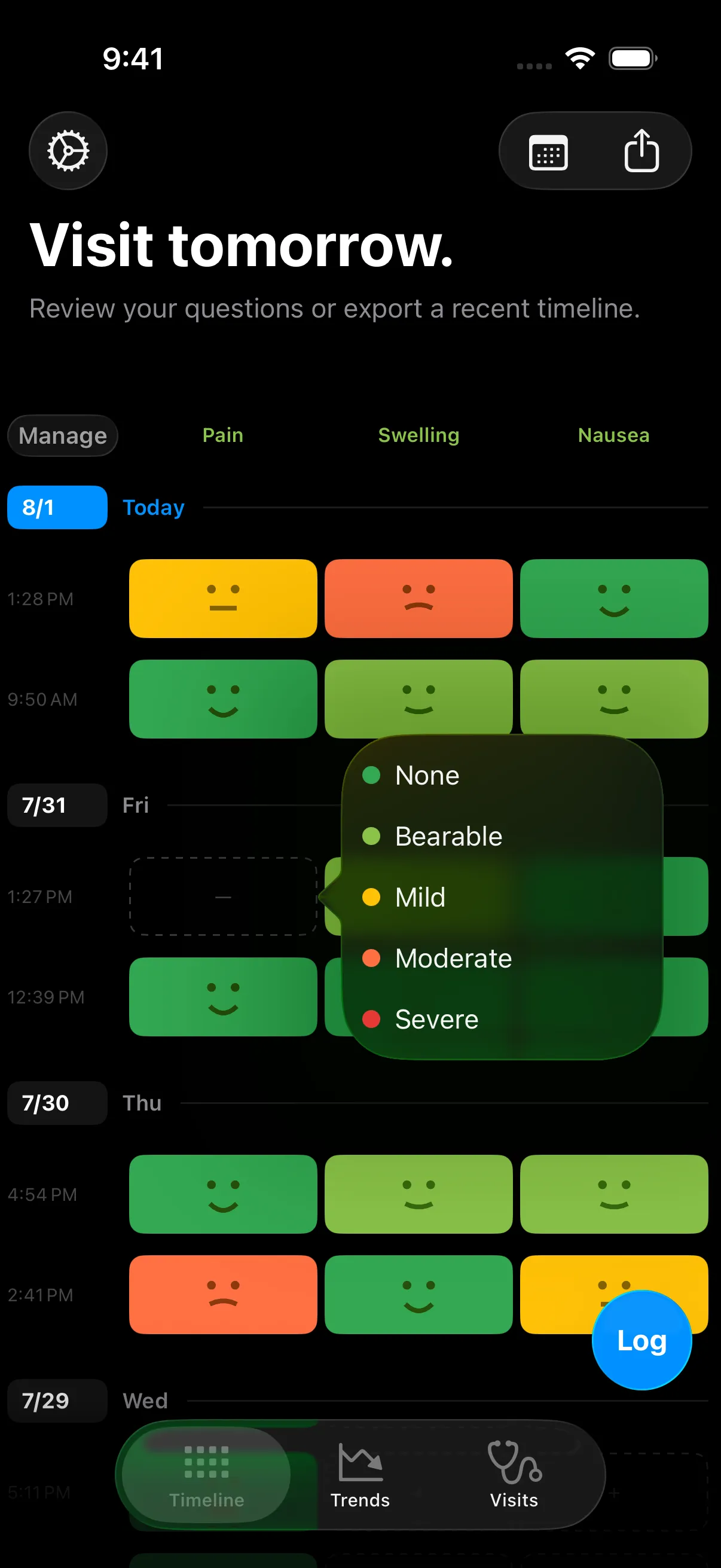 Flare's log grid with the severity picker open, showing the five named levels: None, Bearable, Mild, Moderate, and Severe