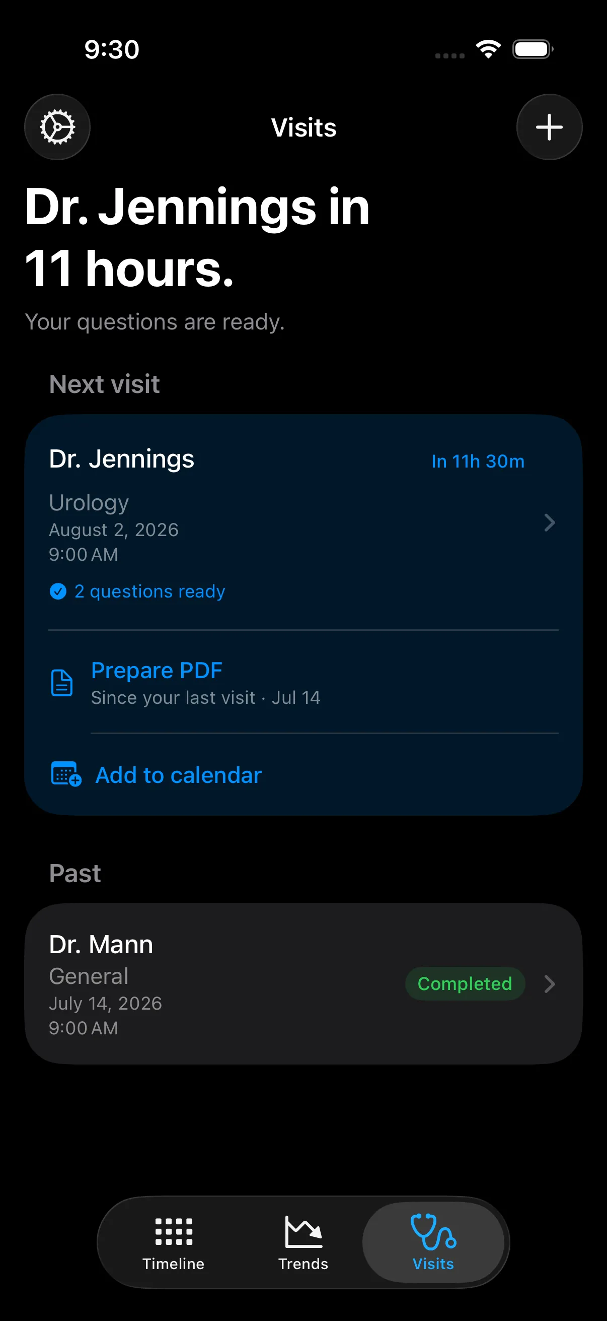 Flare's Visits screen showing an upcoming appointment with questions ready and a Prepare PDF action